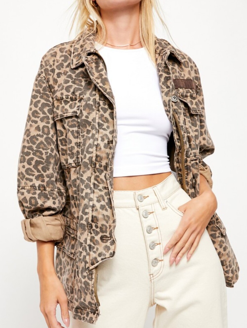Free People Seize The Day Jacket Womens Size Medium Leopard Print Brown Utility